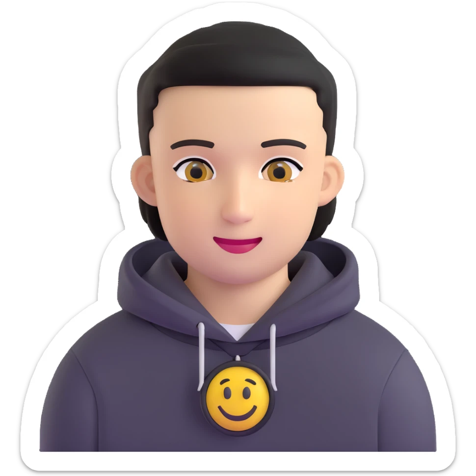 man with black military haircut, brown eyes, wearing 2 circle earrings and a black hoodie with a smiley face sticker