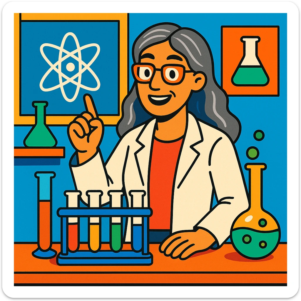 woman science teacher with long graying hair, at a lab table with test tubes, in vibrant toon style sticker