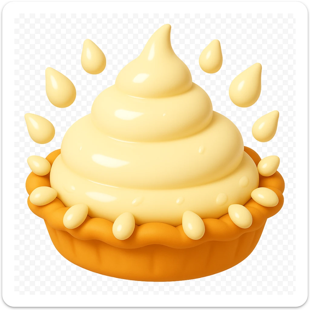 Frame 11 of 15: Cream pie with ten cream droplets, playful 3D emoji style, golden brown crust, same angle as reference sticker
