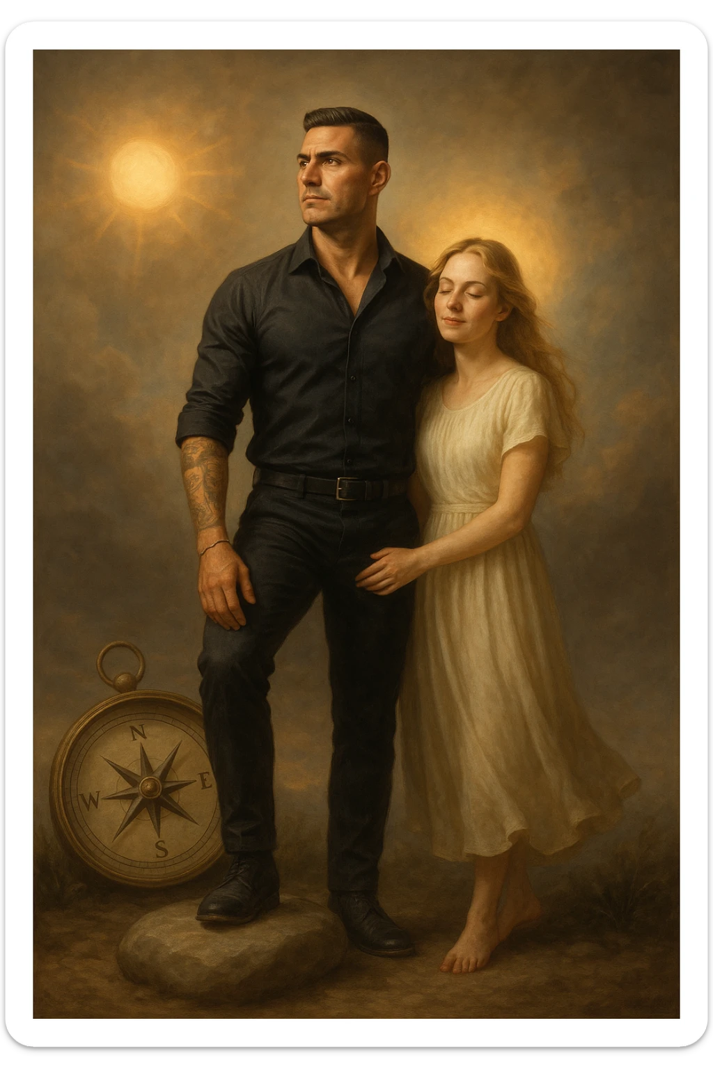 Uomo tra i 35 e i 45 anni in piedi accanto alla sua compagna, in uno spazio calmo e simbolico. Lui guarda avanti con sguardo deciso, postura ferma, braccia rilassate ma solide, mentre la donna al suo fianco si sente protetta e leggera, con un’espressione serena. Intorno all’uomo, simboli di direzione e stabilità (bussola, luce calda, pietra solida sotto i piedi). La donna ha una luce morbida attorno, come se fosse alleggerita dalla presenza maschile. Ambientazione naturale o metaforica. Stile realistico, con tocchi simbolici. Tono calmo, profondo, ispirazionale sticker