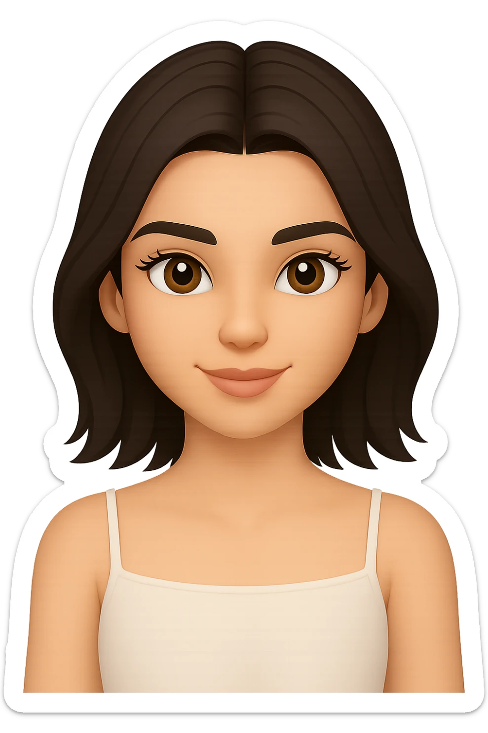 Edit the female face with short dark hair, center part, brown eyes in Apple emoji style with a 3D look and soft shading. Create a gentle smile expression. Transparent background. sticker