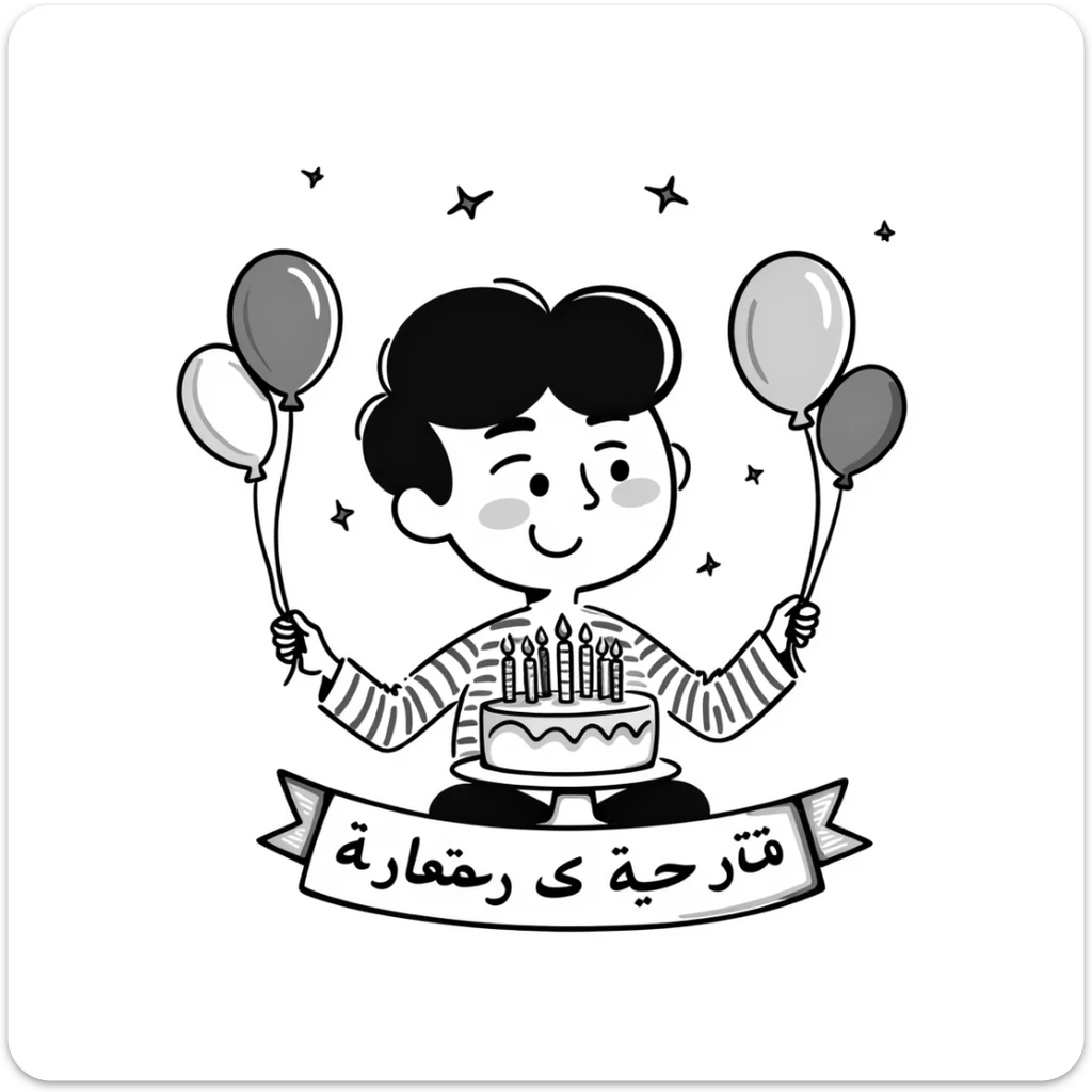 A very colorful, vibrant illustration of a happy little boy celebrating with a birthday cake with lit candles, colorful balloons and decorations. Include large, clear Persian text at the bottom that says: "امیدرضا جان تولدت مبارک" sticker