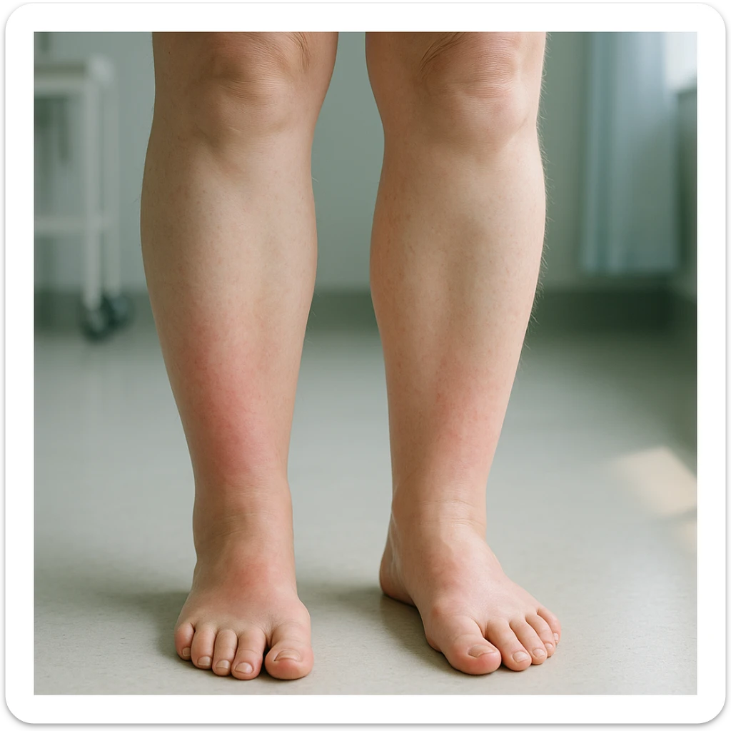 Hyperrealistic human legs in the phase of disinflamation, skin with redness and swelling decreasing, areas gradually transitioning from red to normal, clinical atmosphere, natural light, 4K details. Variant 2, more evident improvement. sticker