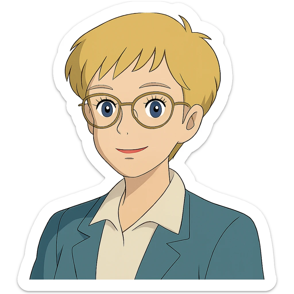 ghibli style blonde teacher with pixie haircut, gold glasses, blue eyes, big eyelashes, nice smile sticker