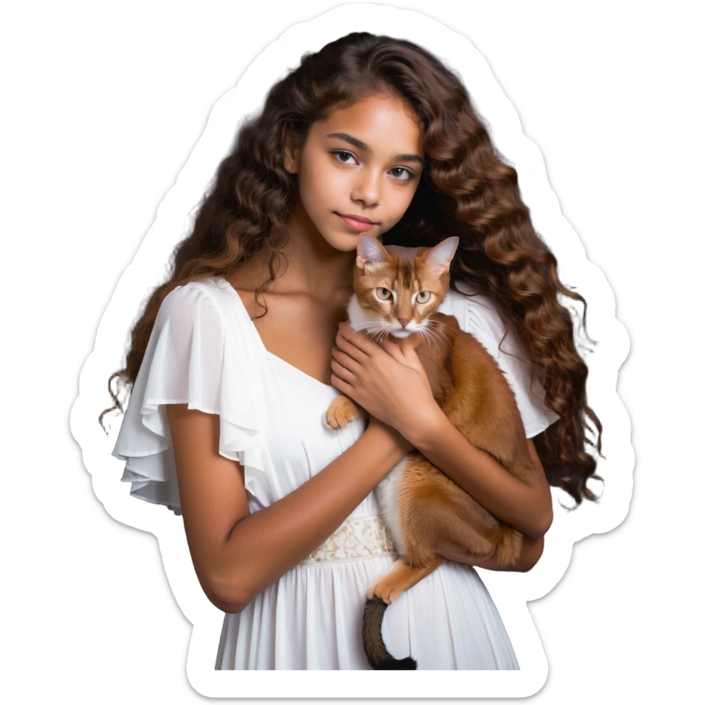 beautiful girl with curly long brown hair in a white dress cuddling an Abyssinian cat with reddish-brown fur sticker