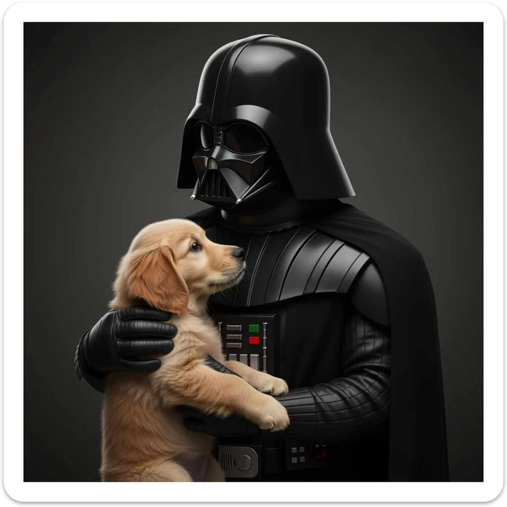 Photo of a darth vader holding puppy golden retriver, low key light sticker