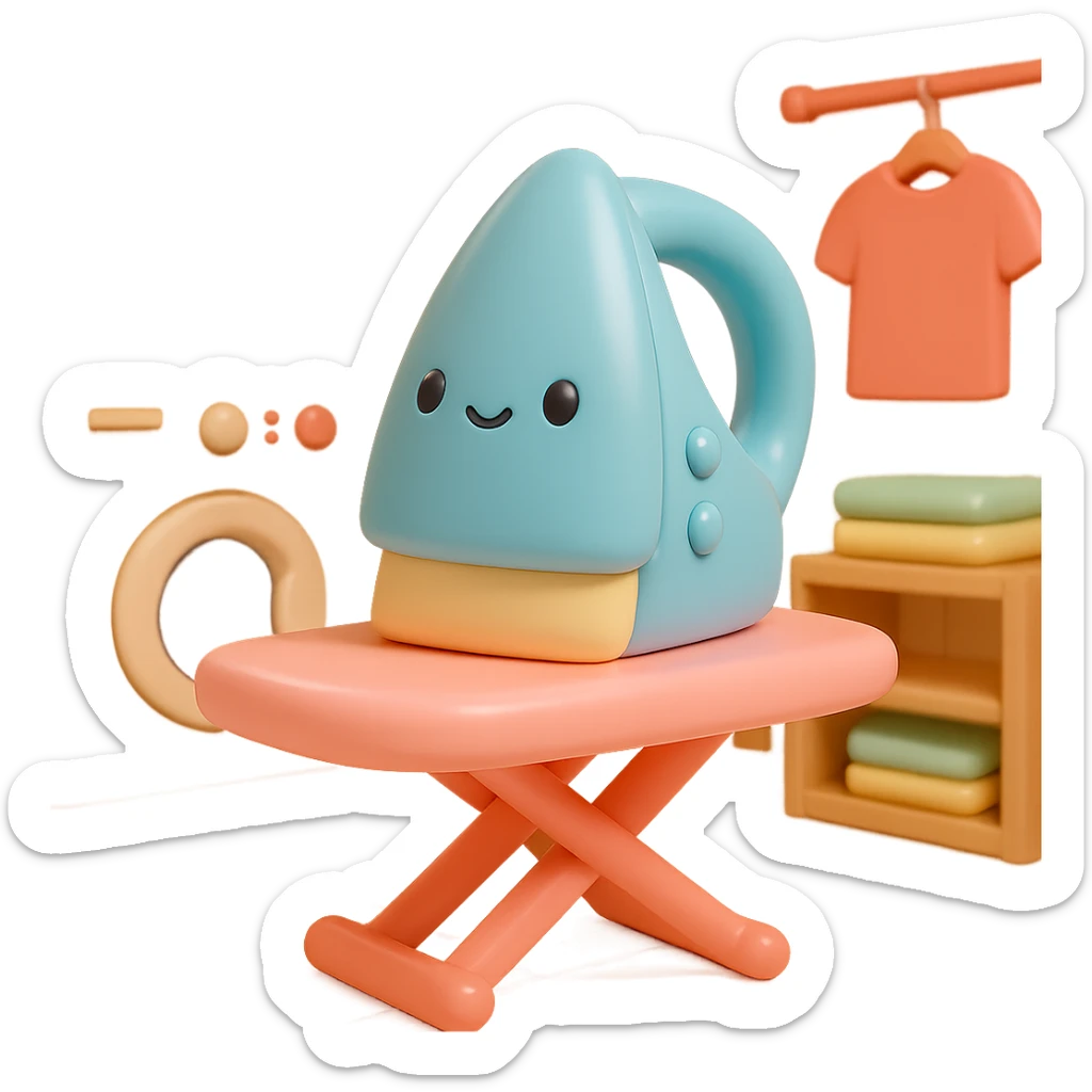 Place the vinyl figure style iron and ironing board in a cozy laundry room scene, with playful details and soft lighting, keeping the vinyl-figure look. sticker