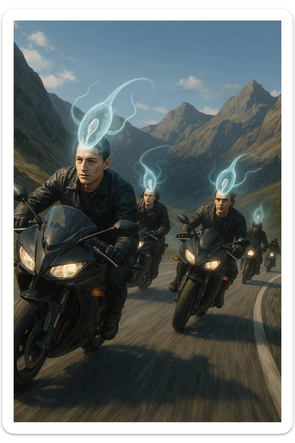 A group of motorcyclists riding aggressively along a winding mountain road at high speed. Their expressions are eerily calm and fearless. Faint, translucent parasite-like forms (symbolizing Toxoplasma gondii) overlay their heads or brains, emitting a subtle glow. sticker