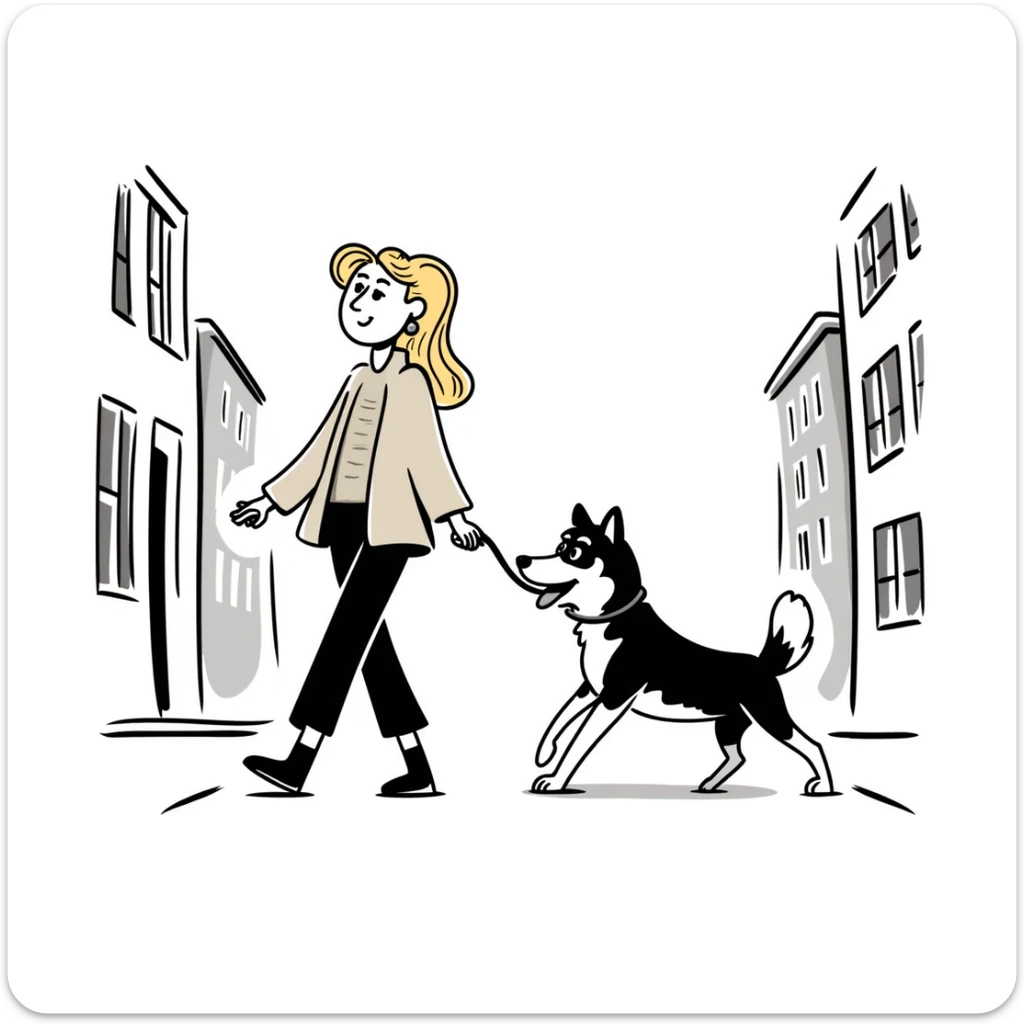 Blonde woman wearing a sweater walking a happy Siberian husky in New York City on an upper east side city sidewalk  sticker