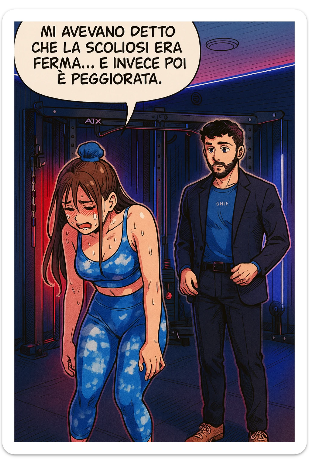 fai questa immagine in versione fumetto/manga/webtoon a colori, il manga mostra la donna disperata con un fumetto sulla testa che dice:
Mi avevano detto che la scoliosi era ferma… e invece poi è peggiorata.
 sticker