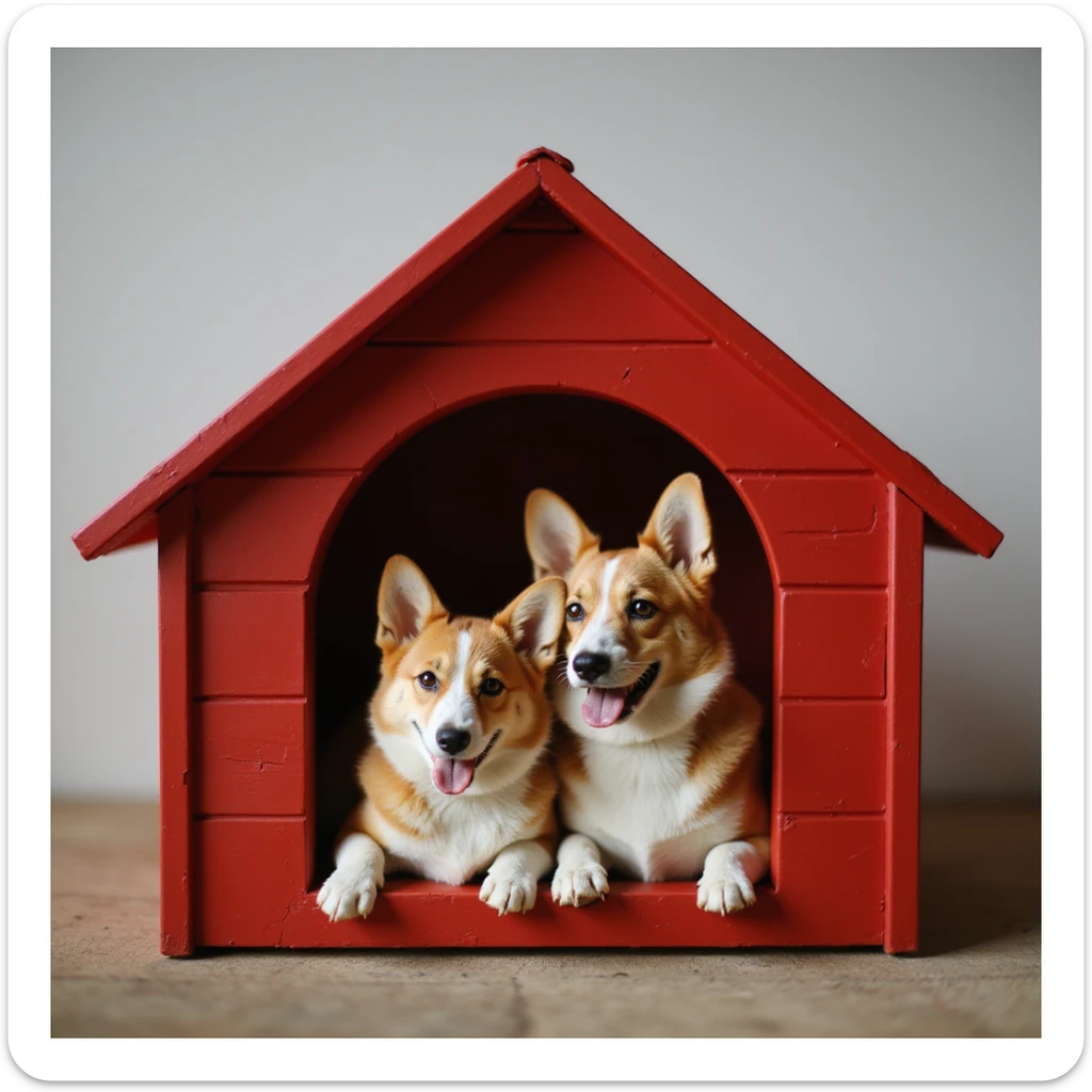 realistic red dog house with a Corgi dog inside, Corgi with a friend, photorealistic style sticker