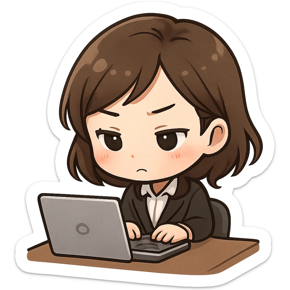 chibi style cute Asian lady with brown hair, concentrating on her work at a desk, with a keyboard and a laptop sticker