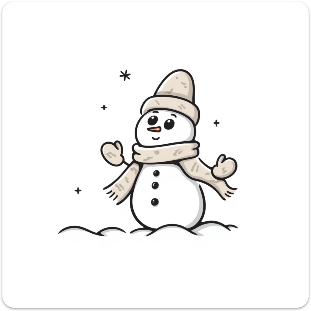 A cute snowman with scarf and winter accessories in pastel colors (dd9fb0, ffc6d3, a3bfc9, c4bee2, f1b091), hand-drawn doodle style sticker