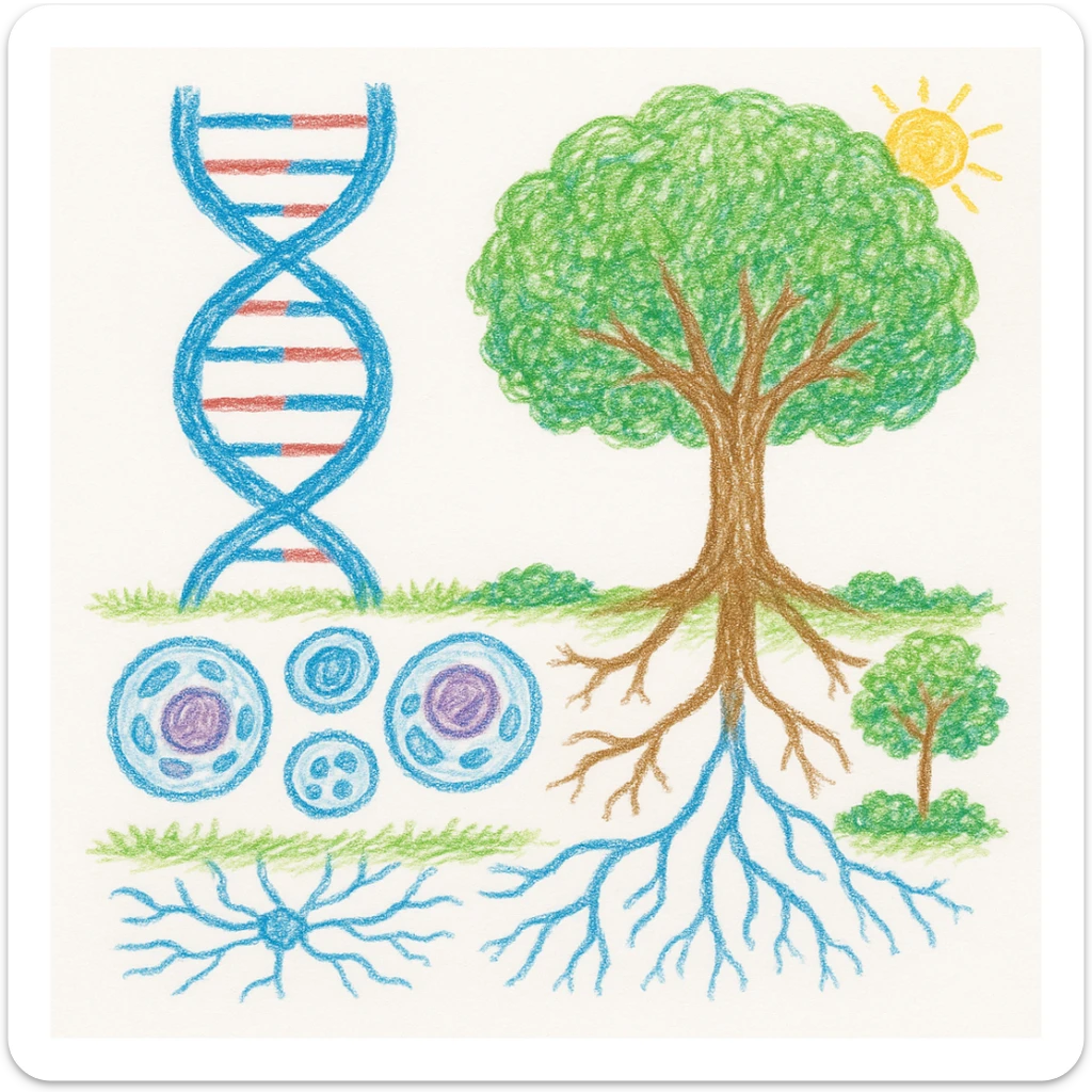 A realistic biological illustration (like in a school book) showing: DNA strands transitioning into a tree, cells with visible organelles, neurons connected to plant roots  and a balanced ecosystem background . Seamless integration, no labels or borders, complete white background (not off white!), detailed but minimalist.  sticker