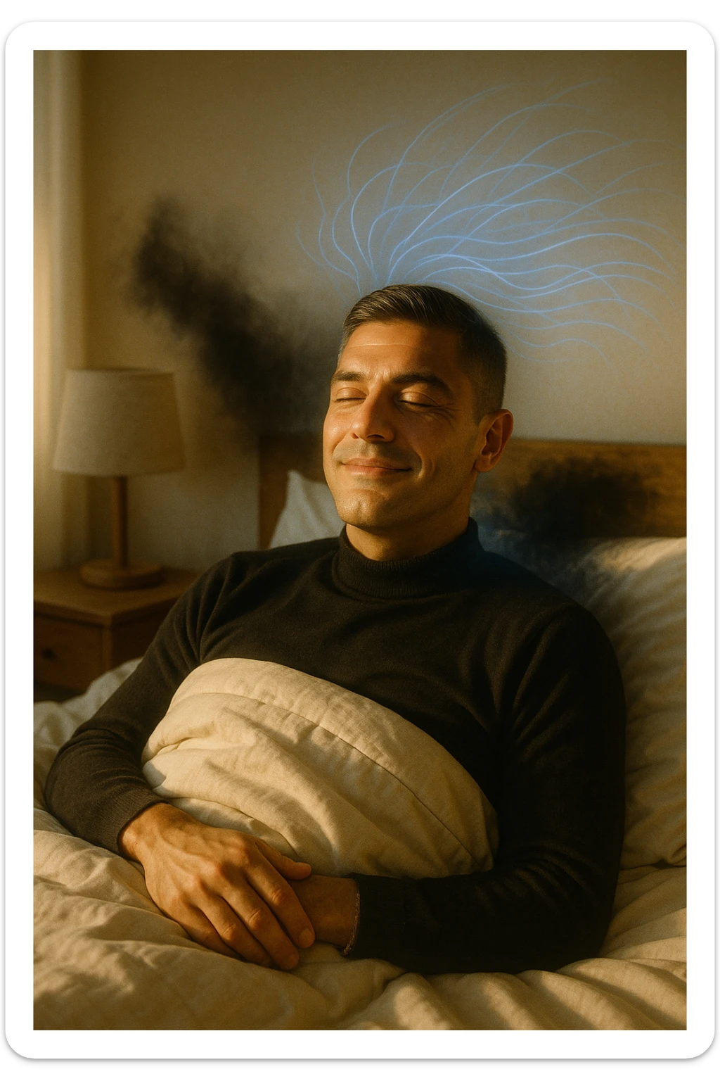 A cinematic image of a man in his mid-30s lying in bed, just waking up from deep sleep. His expression is calm and visibly transformed — a sense of inner peace, relief and subtle joy on his face. Soft morning light enters the room, casting gentle golden tones over his features. His eyes sono ancora semi chiusi, ma il viso è disteso, come se un grande peso fosse stato rilasciato durante la notte. Accanto a lui, simbolicamente sfocato, un’ombra o un alone scuro si dissolve, rappresentando il malessere notturno superato. Intorno alla sua testa, leggere onde di luce azzurra o bianca simboleggiano l’attività cerebrale rigenerativa della fase REM. La camera è ordinata, minimalista, con materiali naturali. L’atmosfera è serena, rigenerativa, intima. Shot in 35mm film style, high realism, shallow depth of field, warm highlights and clean shadows. sticker