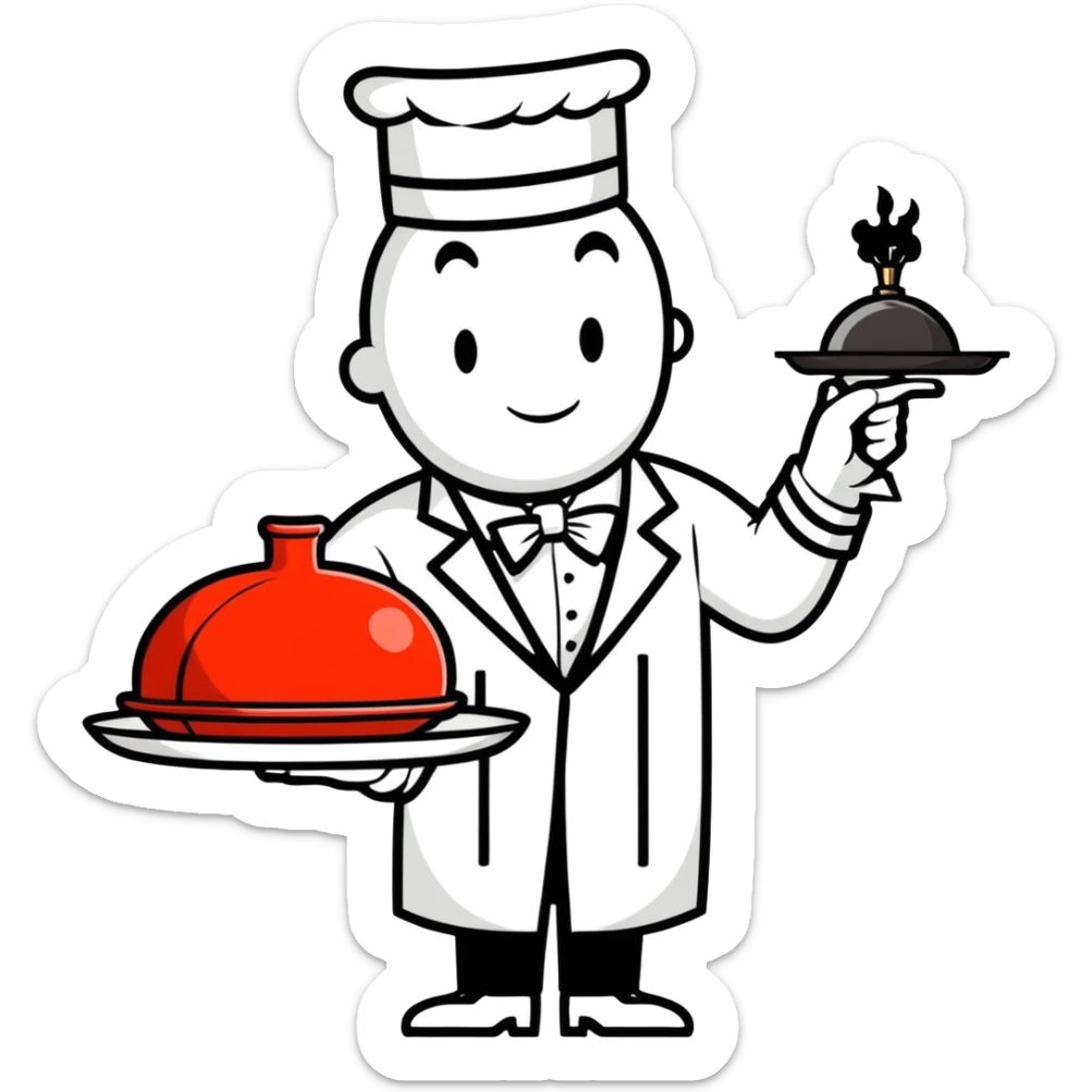 A butler holding a platter with an old-fashion bomb on it with the letters FO on the bomb sticker