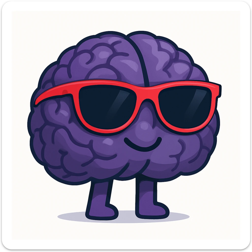 Combine the 3D emoji brain with black sunglasses and the vibrant toon style brain with black sunglasses into one emoji. Use a white background. Keep the cool black sunglasses and vibrant colors from the vibrant toon style, blending the 3D emoji brain's shape with the vibrant toon style's color vibrancy and style. sticker