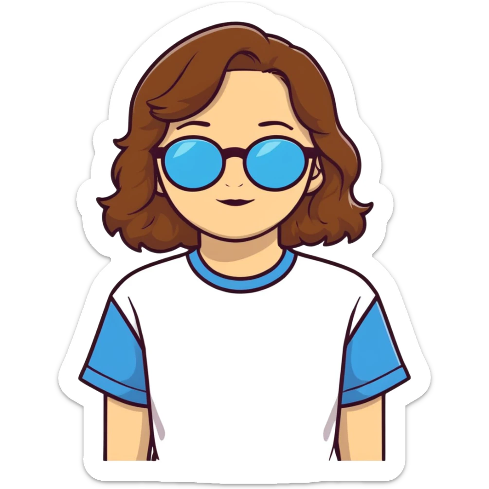 girl with blue eyes and waivy brown hair with golden glasses wearing a big t-shirt sticker