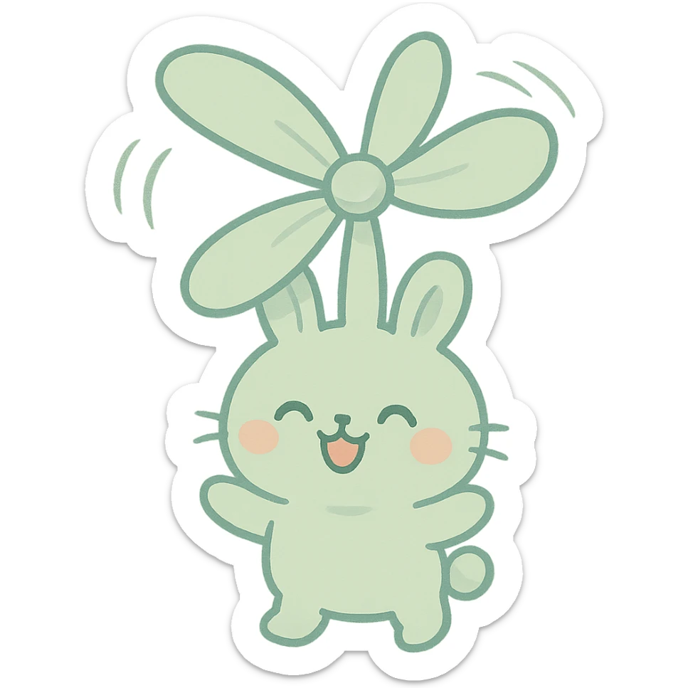 kawaii bunny-fan hybrid, ears spinning like fan blades, pastel green, cheerful, full-body sticker