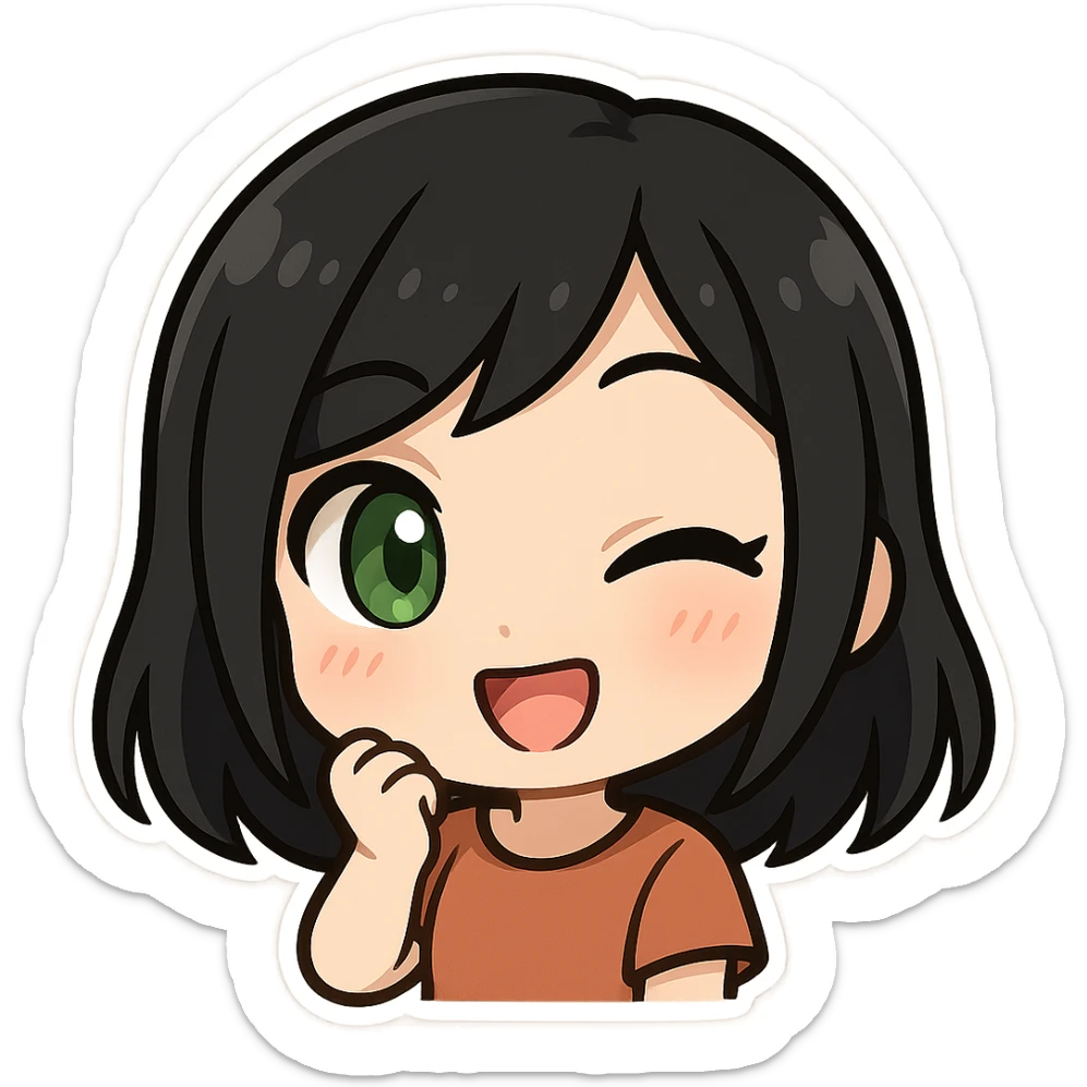 girl with black hair and green eyes, winking, twitch emote style sticker