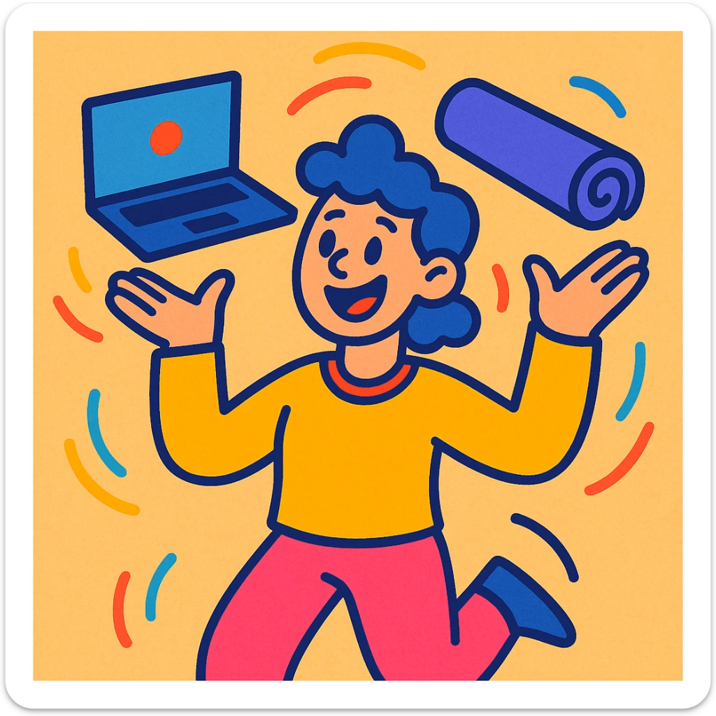 colorful friendly cartoon style of a person juggling a laptop and a yoga mat representing work-life balance sticker