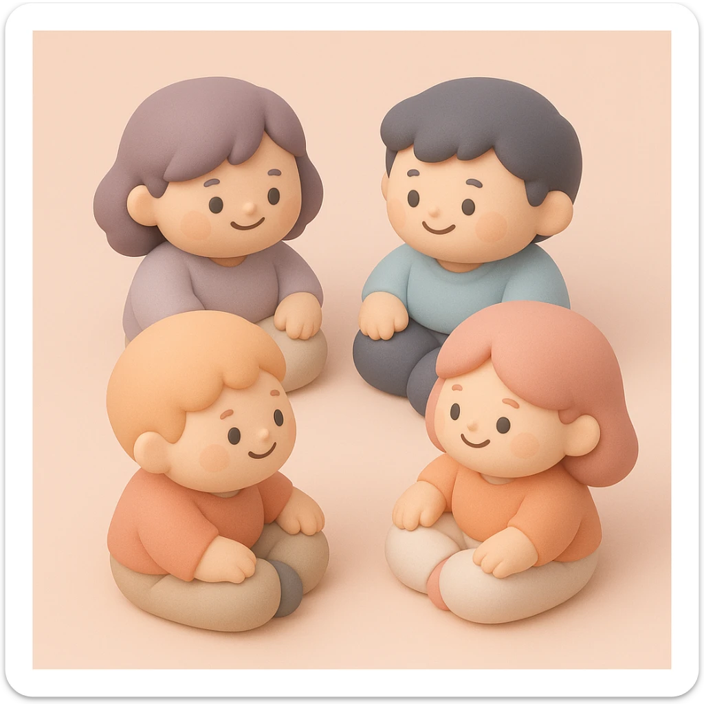 a group of friends sitting in a circle, mochi style, gentle colors, cute and chubby features, smiling faces sticker