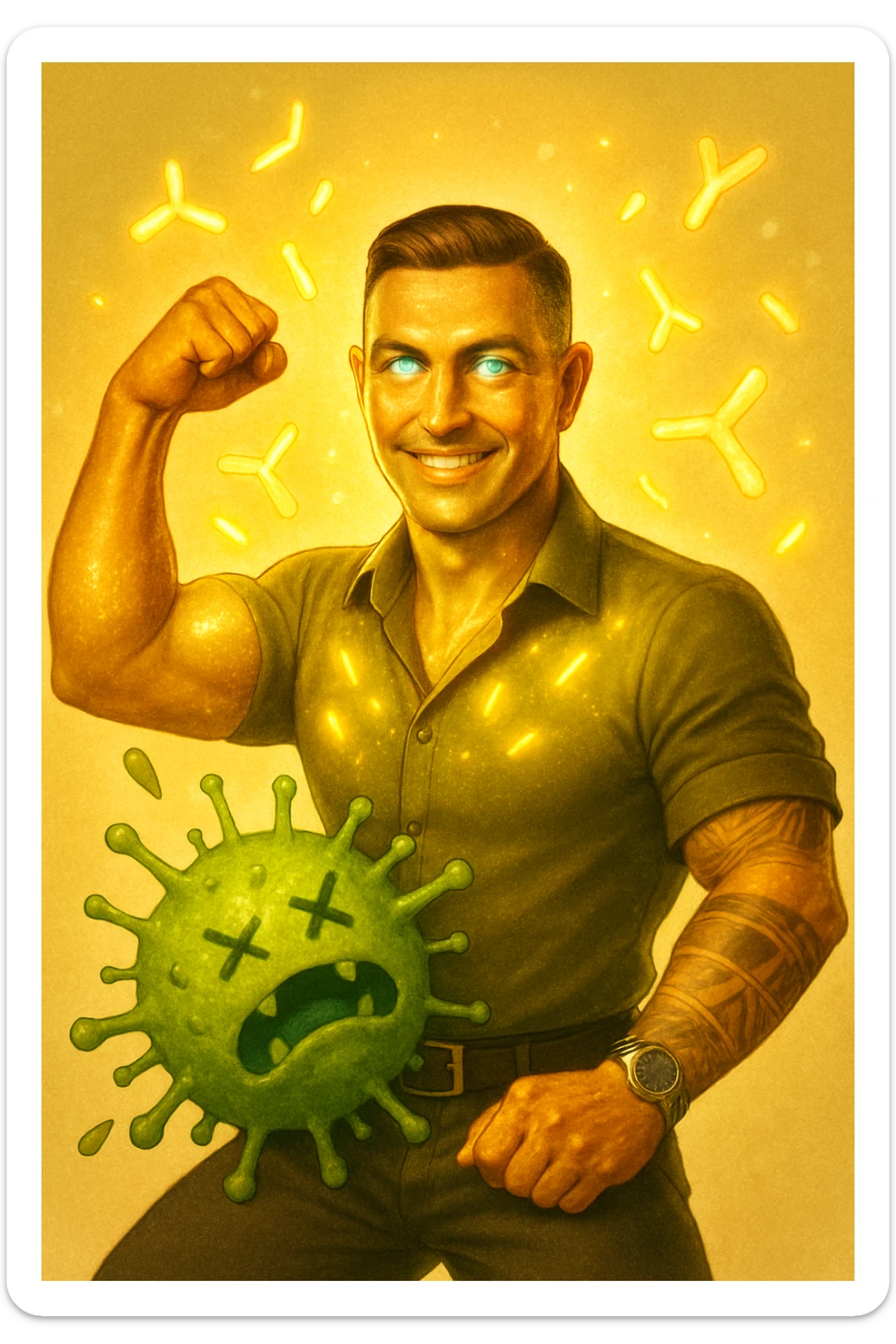 Un uomo atletico (30-40 anni) dalla pelle perfettamente liscia, senza cicatrici o imperfezioni, che emana un leggero bagliore dorato (metafora degli anticorpi).
Occhi brillanti con riflessi blu-verdi (simbolo di salute estrema).
Postura eroica, con un braccio sollevato in un gesto di forza, mentre con l'altro tiene un batterio gigante schiacciato come se fosse un mostro sconfitto. sticker