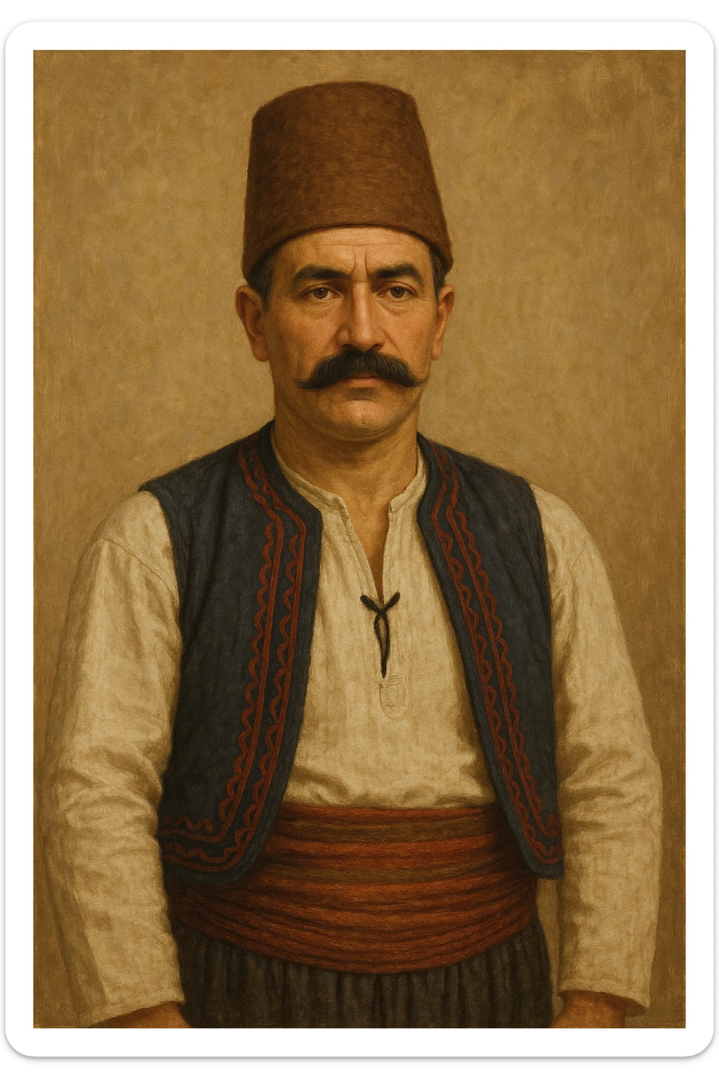 Konyalı adam, geleneksel kıyafetli adam, Konya şapkası, bıyıklı, Anadolu folklorik tarzı, sade arka plan sticker