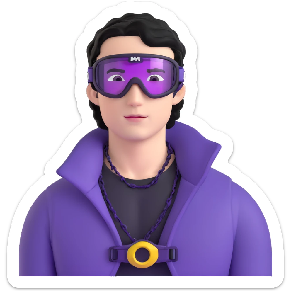 male athlete with white skin and moderately curly black hair on top with shaved sides, wearing ski goggles with purple frames and very dark black lenses, a simple plain black chain necklace, and an open shiny purple vest showing his chest and abs, no earrings sticker