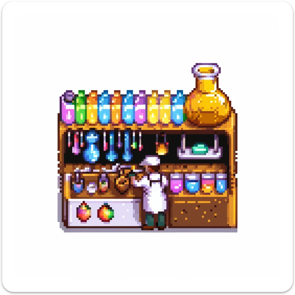 Ein Bäcker mit einem Labor aus Zuckerglas, Karamellrohren und Honigflüssigkeiten. Die Umgebung wirkt wie ein süßes Steampunk-Labor. Interface-Elemente imitieren klebrige Texturen, mit tropfenden Effekten und glänzenden Bonbonfarben sticker