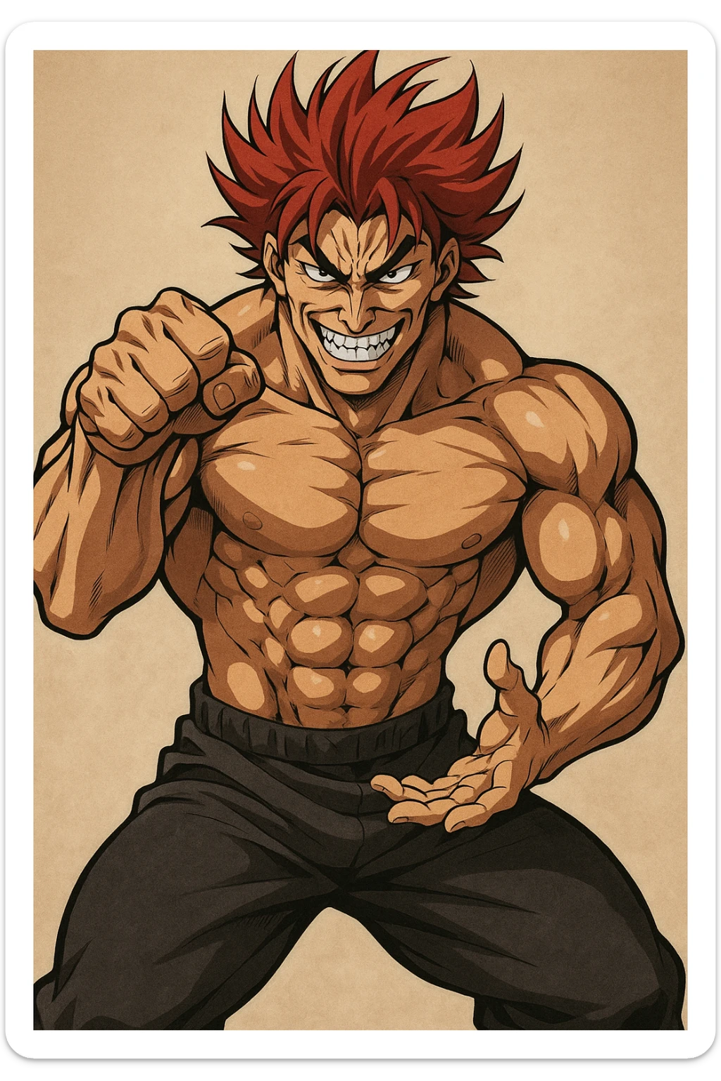 Yujiro Hanma, muscular anime character with red spiky hair, menacing grin, martial arts pose, style 3 sticker