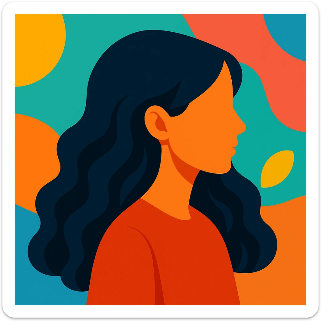 Make the faceless Asian woman with long, wavy hair face sideways in vibrant toon style. sticker