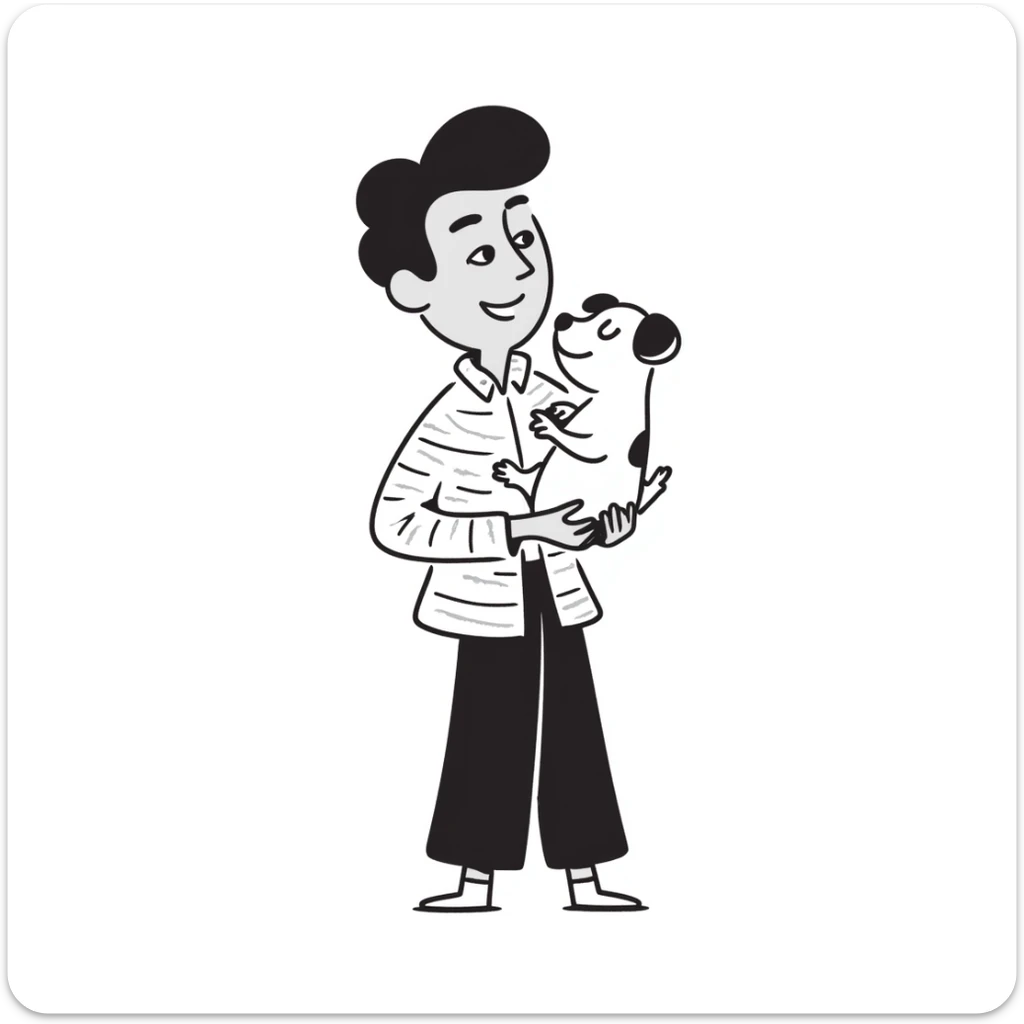 Mexican man with black hair and brown eyes wearing a shirt and black pants, holding a small white dog with one brown ear sticker