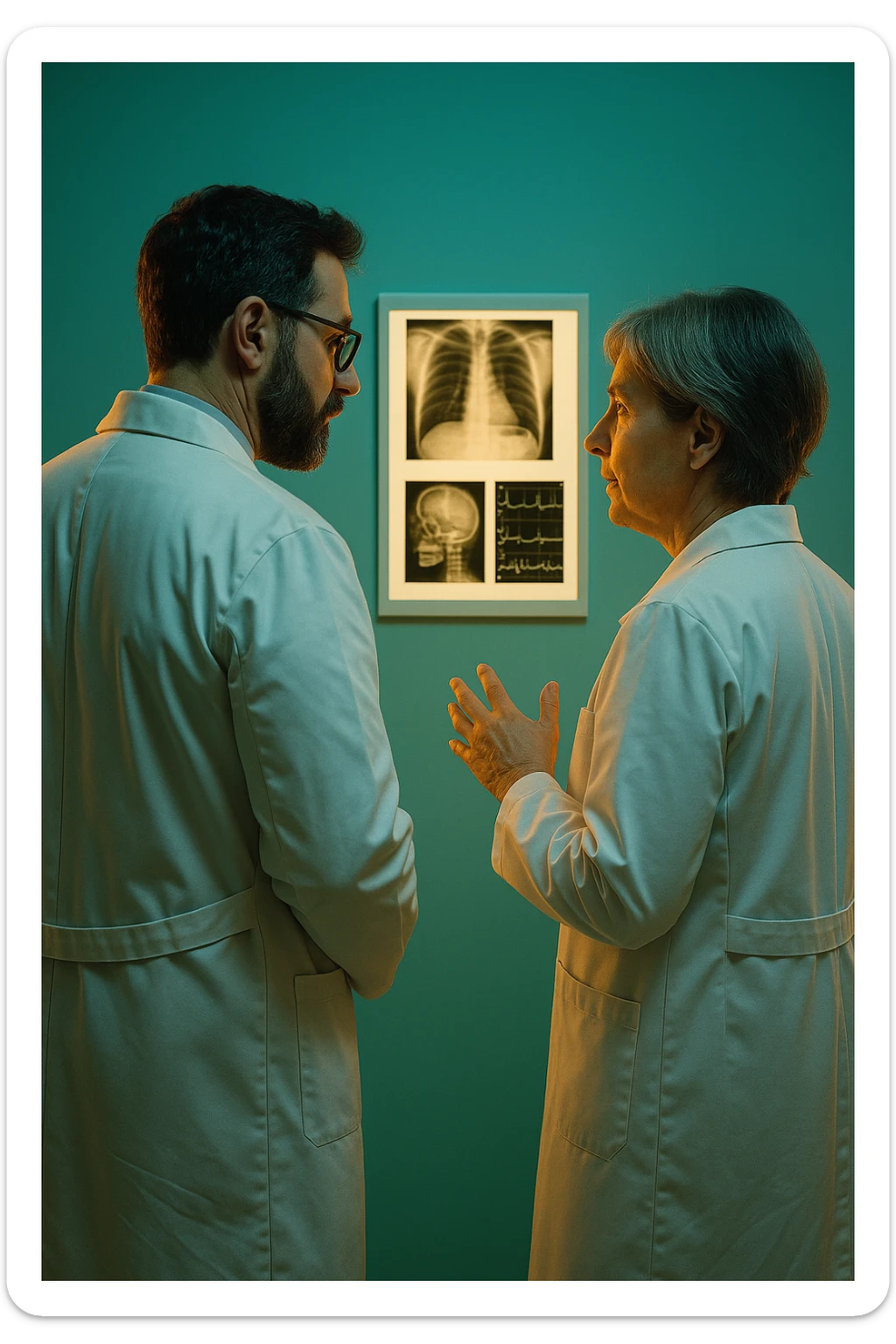 Realistic, detailed photo taken from behind of two doctors—a bearded man and a middle-aged woman—standing and facing each other as they discuss a diagnosis in front of a medical chart. The scene is illuminated by a yellowish, orange, warm light that softly envelops the doctors. The entire room is bathed in a single green-blue color, creating a cohesive and modern atmosphere. Both doctors wear white coats, and their body language suggests a serious, professional conversation. Shot with a Canon EOS R5, with high detail and natural depth of field. sticker