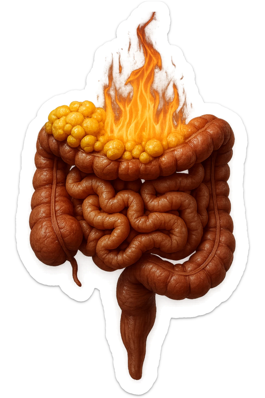 intestino umano con cellule gialle di grasso a grappoli attaccate sopra, con fiamma che brucia, iperrealistici 4k sticker