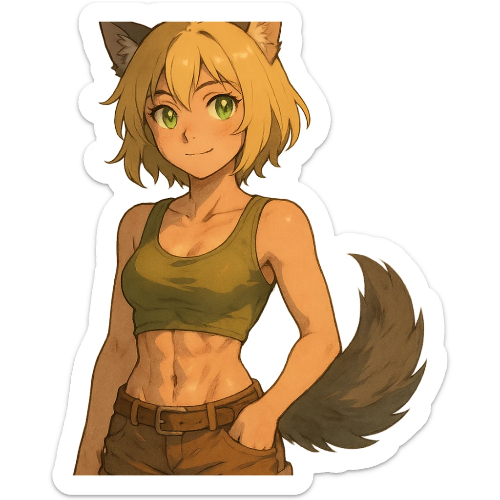 anime style furry girl with wolf ears and tail, short blonde hair, green shining eyes, hourglass figure, attractive abs, soft skin, evening vibe, ghibli style sticker