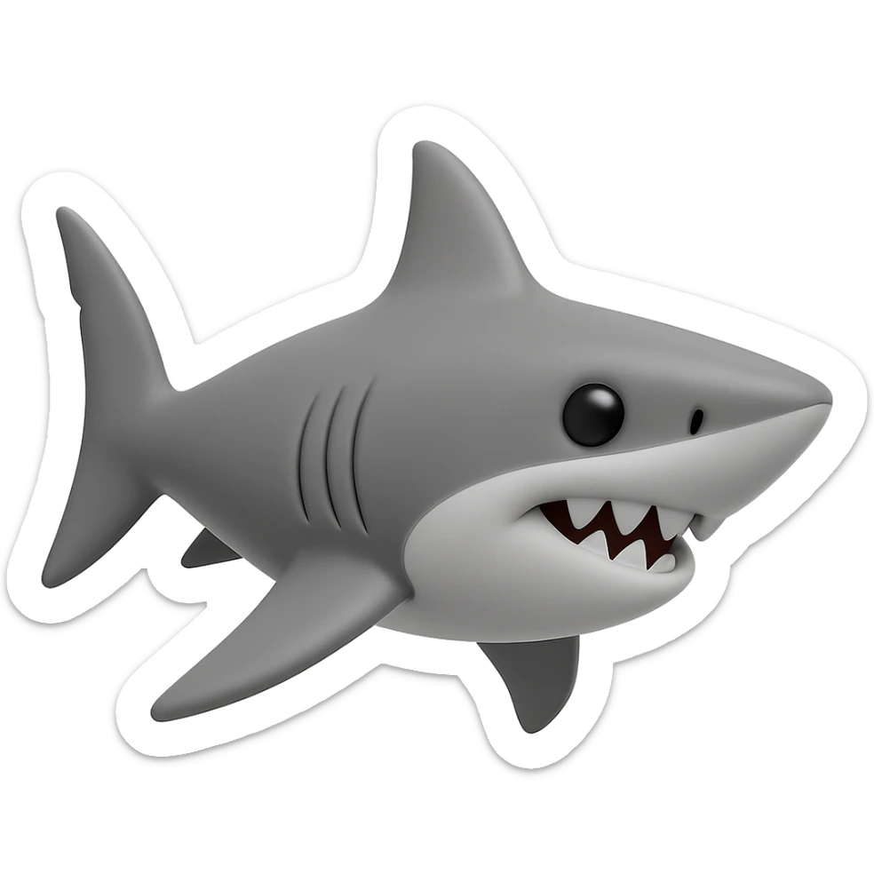 Edit the shark emoji to have a smooth, cartoonish, 3D emoji look in gray color, no legs, no sneakers, no background, just the shark facing left, inspired by the provided reference image. sticker