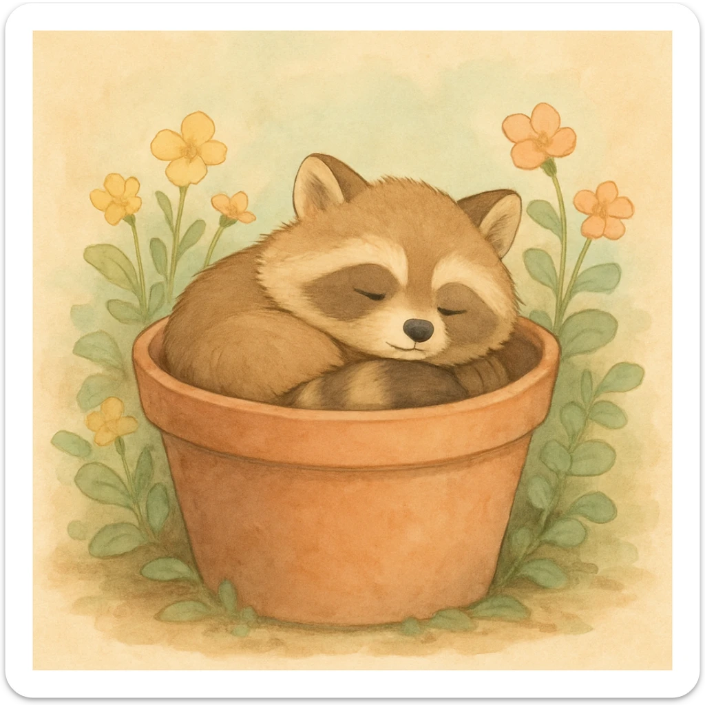 Sleepy raccoon inside a flower pot, pastel earthy colors, soft pastel colors, high-quality design, Ghibli style sticker