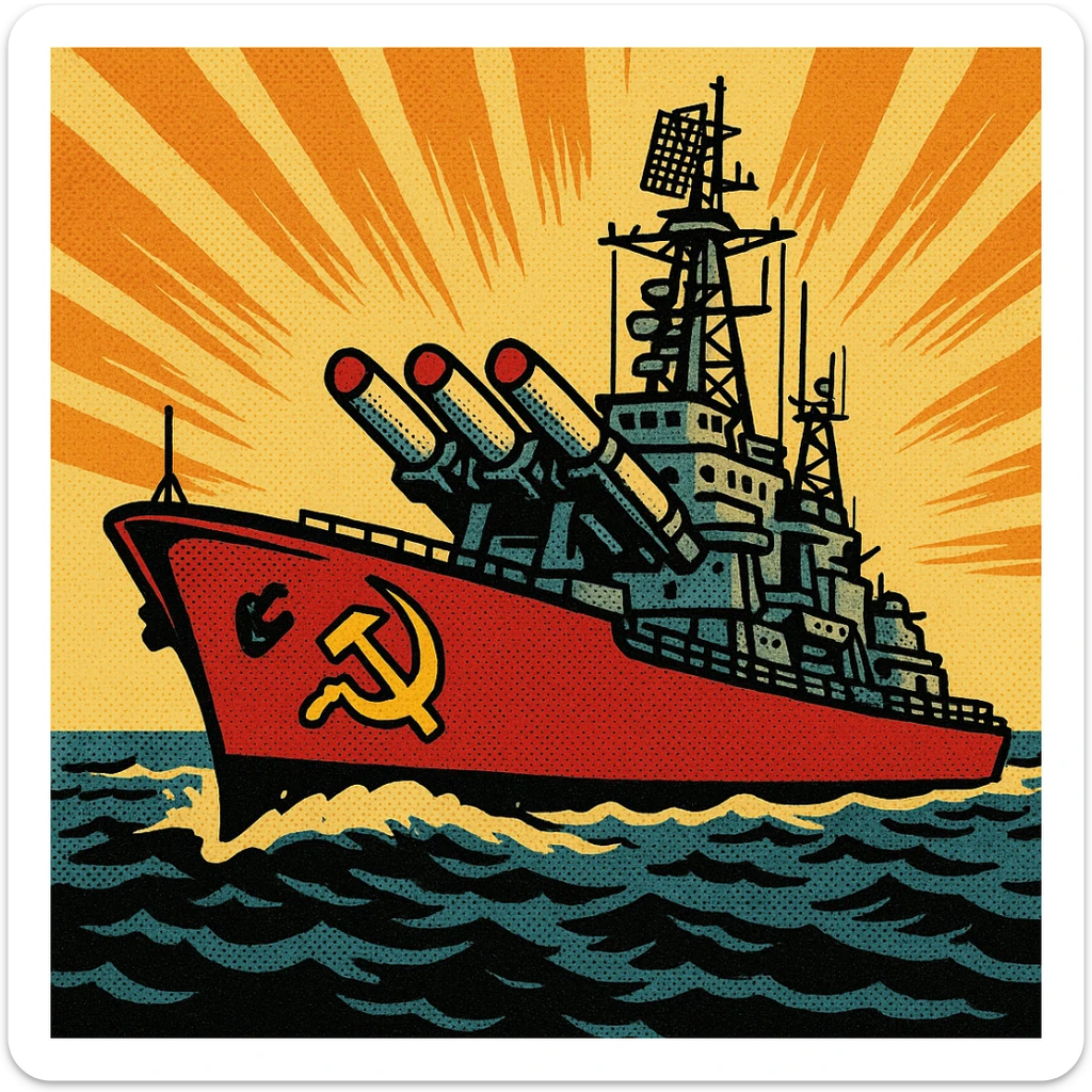 A 1960s Russia war ship carrying nuclear missiles.  The warship has the communist party logo on the side. sticker