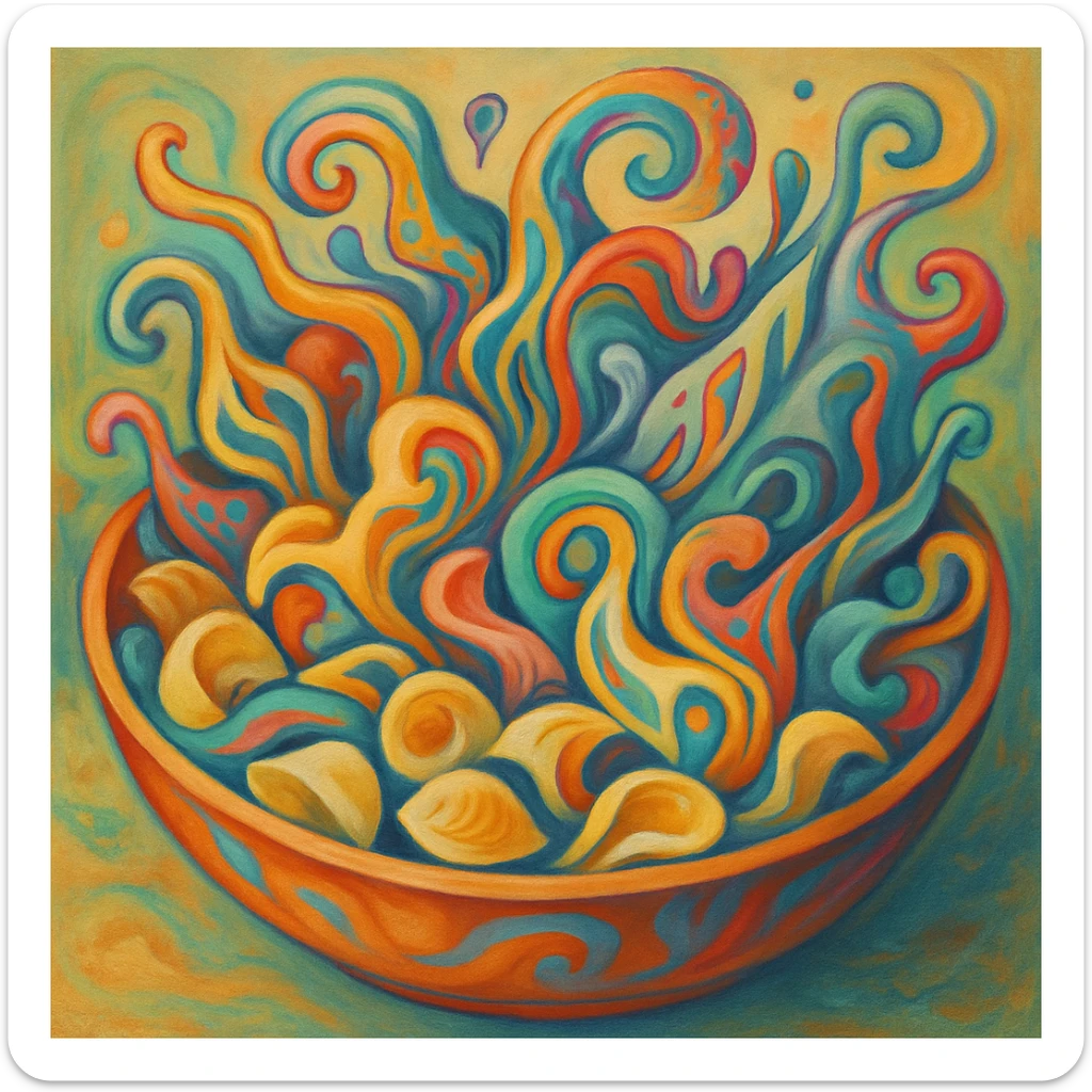 a surrealist interpretation of a bowl of orecchiette, with pasta morphing into abstract forms, playful and imaginative sticker