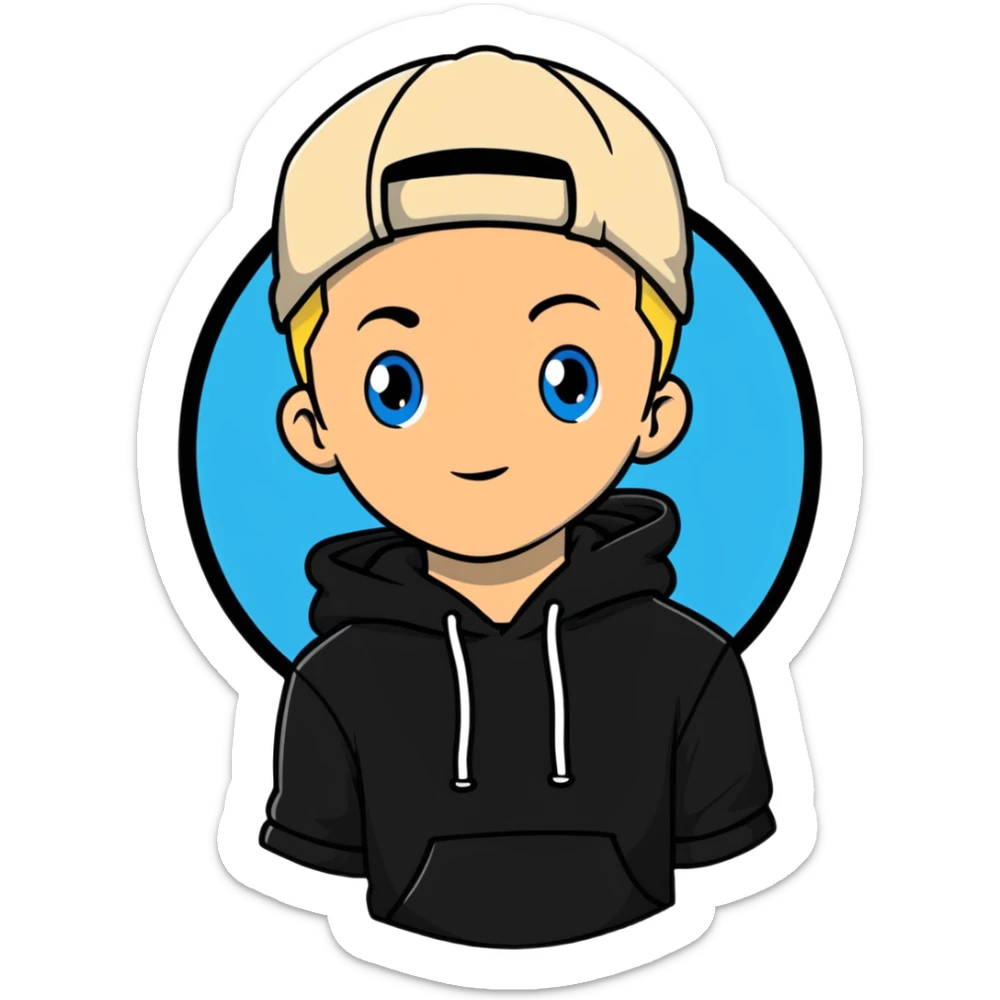 young man with short blonde hair, blue eyes, light skin, dark cap, dark hoodie over a "SAVAGE" t-shirt, white outline sticker effect sticker