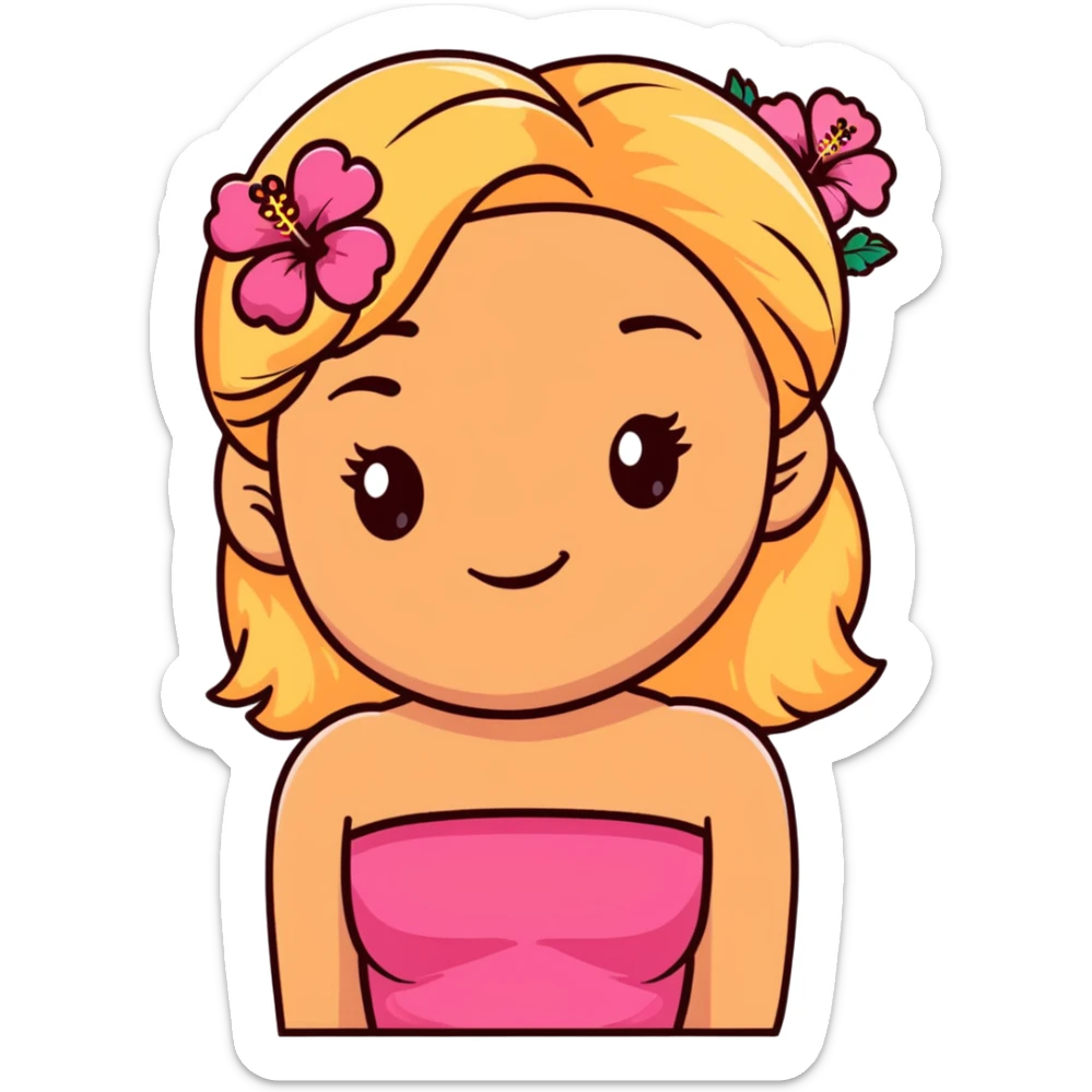 tan girl with blonde hair and brown highlight streaks with a hibiscus flower in her hair wearing a pink tube top with tan lines showing sticker