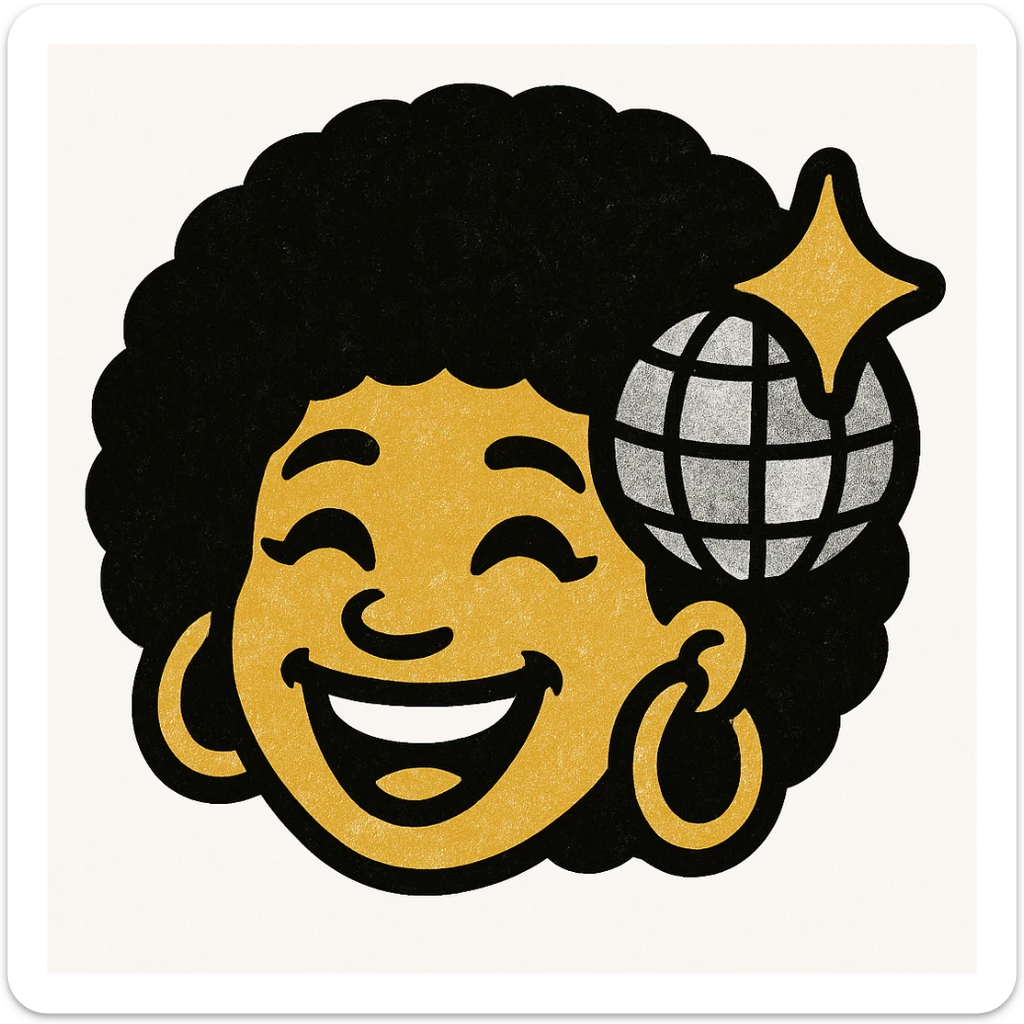 Create a 1970s disco emoji of just the head of a female African American, inspired by the references, using only gold, silver, black, and white. Show a big smile, afro hairstyle, and disco accessories in these colors, in a vibrant pop colors style. sticker