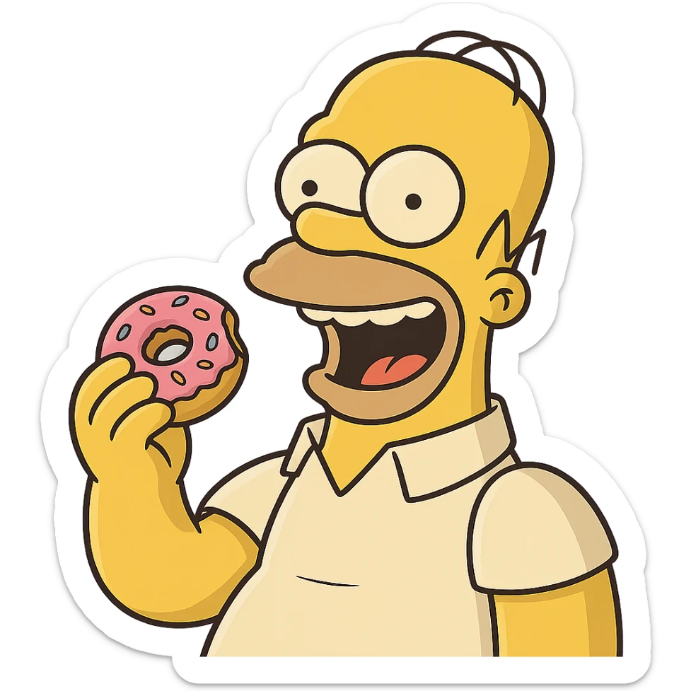 Homer Simpson with a big smile, about to eat a donut, fun cartoon style, colorful, no background sticker