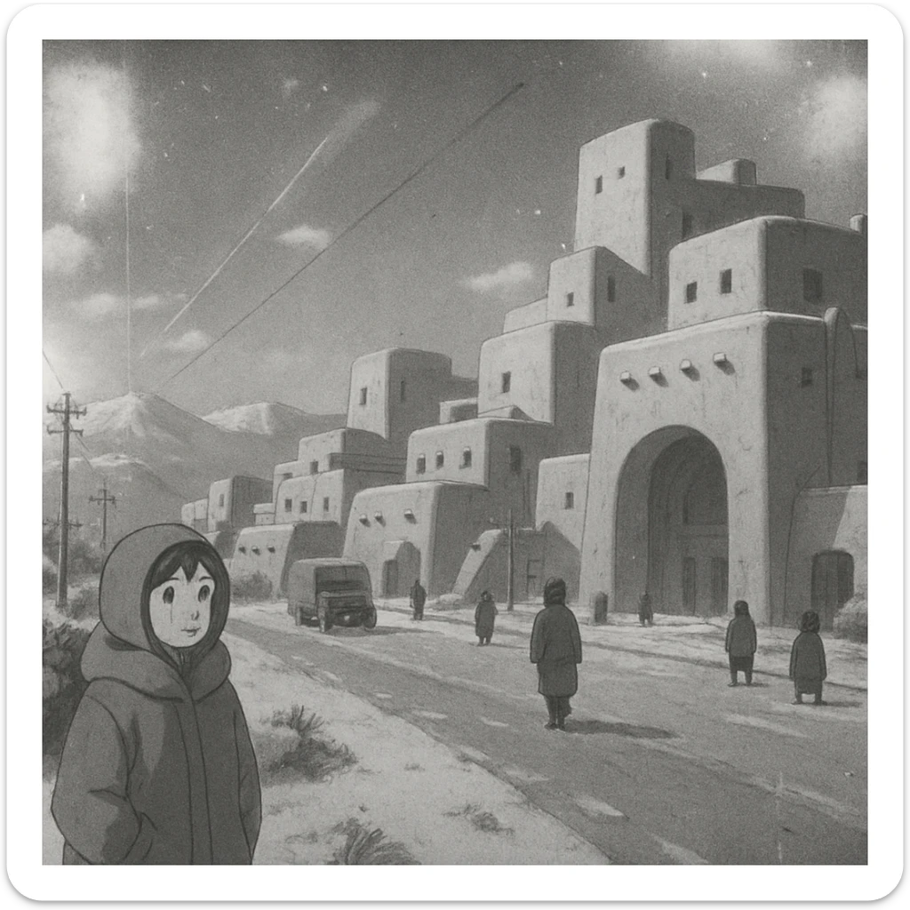8mm film black and white, no color, light leaks. the image shows post-war reconstruction-era life in the z'rian commonwealth capital region, santa-fe neo-adobe futuristic architechture. arctic temperate region sticker