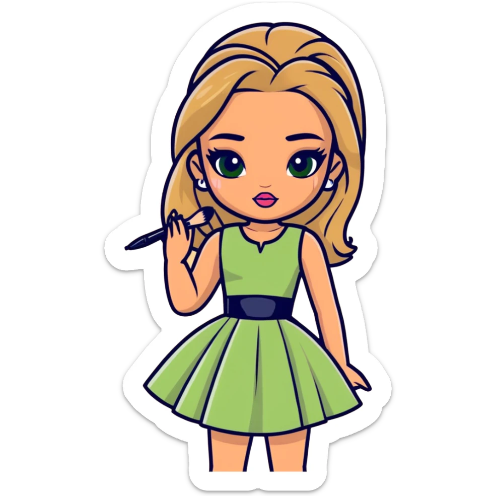 Bratz doll with a small waist wearing a kaki green dress and is doing her makeup sticker