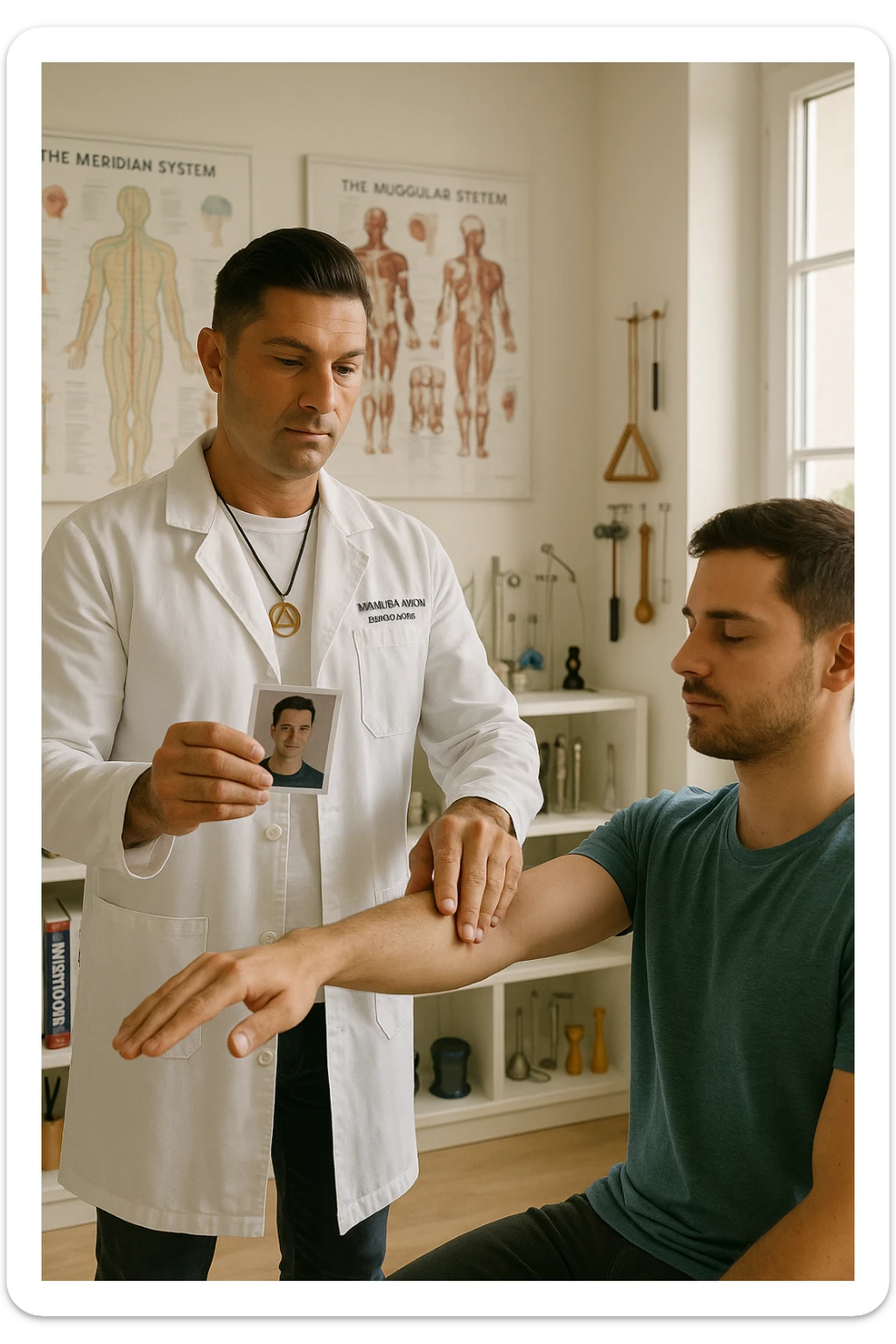 a middle-aged man, dressed in casual professional attire, is in a bright, organized therapy studio. Durante una visita di kinesiologia, il ragazzo tiene con una mano la foto di una persona lontana (il “testimone”) tiene la foto in mano, mentre con l’altra mano esegue un test muscolare su un cliente presente senza foto. Sullo sfondo si vedono libri di kinesiologia, poster anatomici e strumenti tipici della disciplina. L’atmosfera è concentrata e serena, con luce naturale che entra dalla finestra, sottolineando l’aspetto alternativo e umano della pratica. sticker