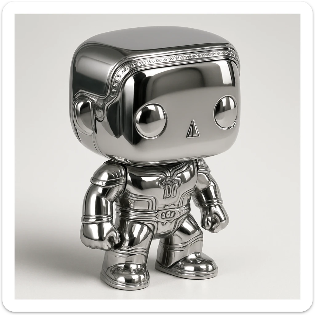 a group of Funko Pop style figures, all with shiny chrome metallic colors, highly reflective, grouped together sticker