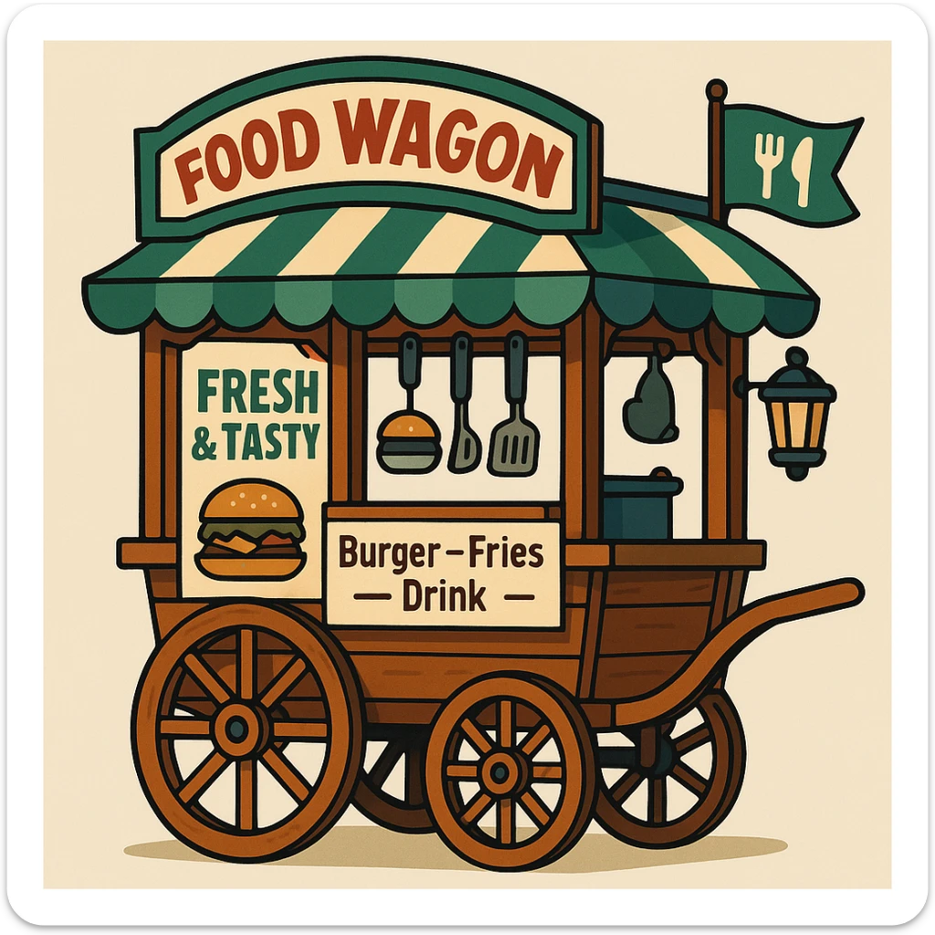 wooden vintage food cart with large spoked wheels, curved striped canopy in green and cream, prominent signboard displaying 'Food Wagon' in red, 'Fresh & Tasty', menu 'Burger – Fries – Drink', signboard with burger and food plate illustrations, cooking utensils hanging inside, black lantern at back, green flag with fork and knife icons at front, soft friendly nostalgic design sticker