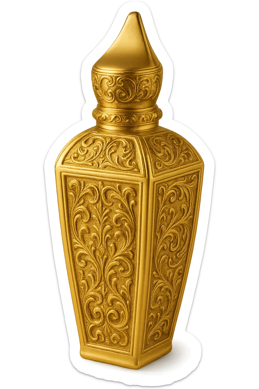 Refine this perfume bottle to closely resemble the shape and ornate details of Xerjoff's 'La Capitale' fragrance bottle, keeping the style decorative and gold-accented, with no characters or text, and a transparent background. sticker